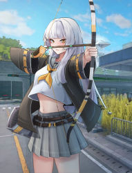 Rule 34 | 1girl, absurdres, arrow (projectile), black jacket, black survival, bow (weapon), breasts, cloud, cloudy sky, cowboy shot, drawing bow, gloves, highres, holding, holding bow (weapon), holding weapon, jacket, long hair, medium breasts, midriff, minami rio, miniskirt, navel, quiver, rio (black survival), shirt, single glove, skirt, sky, solo, uth 95, weapon, white hair, white shirt, yellow eyes