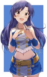 Rule 34 | 1girl, :d, absurdres, blouse, blue background, blue hair, blush, cowboy shot, groin, hand on own chest, happy birthday, highres, idol, idolmaster, idolmaster (classic), idolmaster million live!, kisaragi chihaya, long hair, looking at viewer, multicolored hair, navel, open mouth, shirt, shuucream (syuichi), simple background, sleeveless, sleeveless shirt, smile, solo, two-tone hair