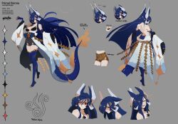 Rule 34 | 1girl, absurdres, adhesive bra, angry, back, back tattoo, backless kimono, black skirt, blue gloves, blue hair, blue thighhighs, bra, breasts, breasts apart, character sheet, chest jewel, claw ring, color guide, dragon girl, dragon horns, dragon tail, elbow gloves, epebe, expressions, from behind, full body, gloves, grey background, hair over one eye, happy, head only, high-waist panties, highres, horns, indie virtual youtuber, japanese clothes, kimono, large breasts, long hair, multiple views, no shoes, obi, pleated skirt, pointy ears, red eyes, sad, sash, second-party source, side slit, simple background, skirt, sleeveless, sleeveless kimono, standing, straight-on, tail, tattoo, thighhighs, toe claws, underwear, very long hair, vienna (vtuber), vienna (vtuber) (4th costume), virtual youtuber, white kimono, white sleeves, wide sleeves