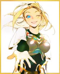 Rule 34 | 1girl, ;d, belt, blonde hair, blue eyes, bodysuit, boobplate, border, breastplate, green bodysuit, grin, highres, jian tai (cuoyu0), league of legends, long hair, long sleeves, lux (league of legends), messy hair, one eye closed, open mouth, orange border, outstretched arm, short sleeves, smile, solo, teeth, white background