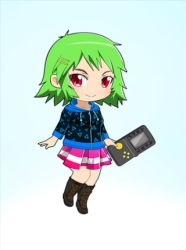 Rule 34 | 1girl, blue background, boots, brown footwear, chibi, collarbone, cross-laced footwear, full body, gradient background, green hair, hair ornament, hairclip, holding, hood, hoodie, lace-up boots, looking at viewer, lowres, parted bangs, pink skirt, red eyes, short hair, skirt, smile, solo, striped clothes, striped skirt, tetris, triangle, white background, white skirt, zipper