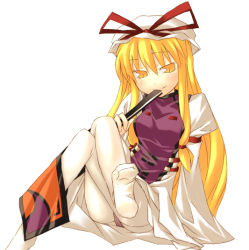 Rule 34 | 1girl, blonde hair, covering face, covering own mouth, covering privates, crossed legs, crotch seam, feet, female focus, folded fan, folding fan, hand fan, legs up, nu (plastic eraser), panties, panties under pantyhose, pantyhose, simple background, sitting, smile, solo, touhou, underwear, yakumo yukari, yellow eyes