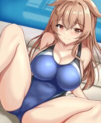 Rule 34 | 1girl, bare legs, blue one-piece swimsuit, blush, breasts, brown eyes, brown hair, cameltoe, cleavage, closed mouth, collarbone, commentary, competition swimsuit, covered navel, hair between eyes, highres, kantai collection, large breasts, long hair, looking at viewer, montemasa, murasame (kancolle), one-piece swimsuit, pool, poolside, sidelocks, sitting, smile, solo, spread legs, swimsuit, thighs, very long hair