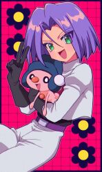 Rule 34 | 1boy, creatures (company), crop top, game freak, gen 4 pokemon, green eyes, happy, highres, james (pokemon), macchiromomomo, mime jr., nintendo, open mouth, pants, pink background, pokemon, pokemon (anime), pokemon (classic anime), pokemon (creature), pokemon rse (anime), purple hair, team rocket, team rocket uniform, white pants