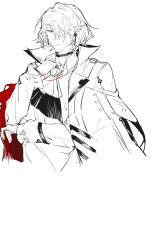 Rule 34 | 1boy, absurdres, arknights, choker, collared shirt, gloves, hair over one eye, half-closed eye, hand up, highres, jacket, jacket on shoulders, long sleeves, male focus, pointy ears, puffy long sleeves, puffy sleeves, red eyes, sanguinarch (arknights), shirt, simple background, sleeves past wrists, solo, white background, yoruyume