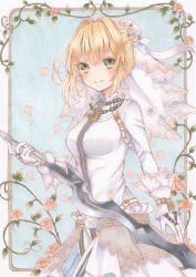 Rule 34 | &gt;:), 1girl, absurdres, blonde hair, chain, closed mouth, fate/grand order, fate (series), flower, frilled cuffs, frills, gloves, green hair, hair between eyes, highres, holding, holding weapon, lock, long sleeves, nero claudius (bride) (fate), nero claudius (fate), nero claudius (fate) (all), nero claudius (fate/extra), paruno, smile, solo, veil, weapon, white flower, white gloves, white veil, wrist cuffs