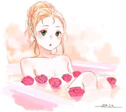 Rule 34 | 1girl, alternate hairstyle, bare shoulders, bath, bathing, bathtub, blonde hair, blush, breasts, cleavage, collarbone, dated, flower, girls und panzer, green eyes, horikou, long hair, looking at viewer, marie (girls und panzer), one-hour drawing challenge, open mouth, rose, signature, solo, submerged, water
