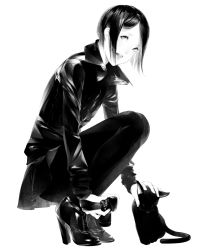 Rule 34 | black hair, camera, cat, coat, full body, greyscale, high heels, highres, monochrome, open mouth, pants, short hair, simple background, solo, sousou (sousouworks), squatting, white background