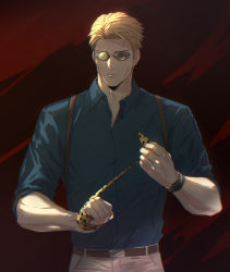 Rule 34 | 1boy, adam&#039;s apple, belt, blonde hair, blue shirt, closed mouth, collared shirt, dark background, dress shirt, ega (egavinote), hand wraps, highres, holding, holding necktie, holster, jujutsu kaisen, long sleeves, looking at viewer, male focus, mature male, nanami kento, necktie, unworn necktie, pants, parted hair, partially unbuttoned, round eyewear, serious, shirt, short hair, sleeves rolled up, solo, standing, sunglasses, two-tone background, watch, wristwatch