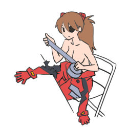 Rule 34 | bodysuit, bodysuit pull, breasts, chair, duct tape, eyepatch, folding chair, long hair, medium breasts, neon genesis evangelion, onsen tamago (hs egg), orange hair, plugsuit, red bodysuit, simple background, sitting, sketch, souryuu asuka langley, table, topless, torn clothes, white background