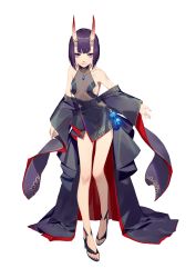 Rule 34 | 1girl, bare legs, bare shoulders, barefoot sandals (jewelry), bob cut, collarbone, fate/grand order, fate (series), full body, gourd, halterneck, high heels, horns, japanese clothes, jewelry, kimono, leaning forward, leotard, necklace, parted lips, pink lips, purple eyes, purple hair, rekaerb maerd, see-through, short hair, shuten douji (fate), simple background, skin-covered horns, smile, solo, standing, straight-on, tachi-e, toes, white background, wide sleeves