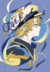 Rule 34 | 1boy, 3kuma, artist name, black capelet, blonde hair, blue background, blue capelet, capelet, character name, collared shirt, colorful, film grain, hat, highres, oliver (vocaloid), pale skin, parted lips, portrait, profile, sailor hat, shirt, short hair, signature, upper body, vocaloid, wavy hair, white headwear, white shirt, yellow eyes