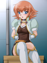 Rule 34 | 1girl, arms behind back, asymmetrical clothes, bakugan, bakugan new vestroia, blue eyes, boots, breasts, choker, earrings, jewelry, mira fermin, open mouth, orange hair, red hair, short hair, thighhighs, third-party source, white thighhighs