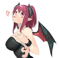 Rule 34 | 1girl, bad id, bad twitter id, breasts, collarbone, demon girl, demon wings, erubo, heart, large breasts, original, pink eyes, ponytail, red hair, short hair, solo, tongue, tongue out, white background, wings, wristband