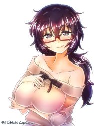 Rule 34 | 1girl, artist name, bare shoulders, black hair, bow, breast hold, breasts, girls und panzer, glasses, hand on own chest, large breasts, long hair, looking at viewer, messy hair, oekaki lemon, off-shoulder shirt, off shoulder, oryou (girls und panzer), ponytail, shirt, solo, twitter username, white background