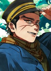 Rule 34 | 1boy, blue jacket, brown hair, commentary, dctroo 08, golden kamuy, hand on headwear, hat, highres, jacket, looking at viewer, male focus, military hat, military uniform, orange eyes, plant, profile, scar, scar on face, short hair, smile, solo, sugimoto saichi, thick eyebrows, uniform
