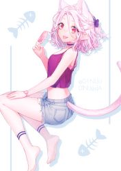 Rule 34 | 01nu, 1girl, animal ears, bandaid, bandaid on face, bandaid on nose, bare legs, bare shoulders, bow, bra, cat ears, cat tail, choker, floating, food, full body, hair bow, hair ornament, looking at viewer, multicolored eyes, original, pink eyes, pink hair, pointy ears, popsicle, red eyes, short hair, short shorts, shorts, sitting, socks, solo, tail, tongue, tongue out, underwear, watch, wavy hair, white hair, yellow eyes