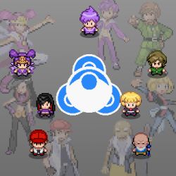 Rule 34 | 00s, 3girls, 4boys, anabel (pokemon), bald, beard, black hair, blonde hair, brandon (pokemon), brown hair, chibi, commentary, creatures (company), dual persona, facial hair, frontier brain, game freak, greta (pokemon), grey background, hand on own hip, hat, hip focus, liblu, long hair, looking at viewer, lucy (pokemon), multiple boys, multiple girls, nintendo, noland (pokemon), official style, outstretched arms, pink hair, pixel art, pointing, pointing at viewer, poke ball print, pokemon, pokemon dppt, pokemon emerald, pokemon hgss, pokemon rse, projected inset, purple hair, scowl, simple background, spenser (pokemon), standing, tucker (pokemon)