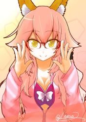 Rule 34 | 10s, 1girl, absurdres, animal ears, bra, breasts, cleavage, collarbone, fate/extra, fate/extra ccc, fate/grand order, fate (series), fox ears, glasses, highres, ichinose (1 nose 2), large breasts, looking at viewer, official alternate costume, open clothes, open shirt, pink bra, pink hair, shirt, signature, smile, solo, tamamo (fate), tamamo no mae (fate/extra), tamamo no mae (spring casual) (fate), twitter username, underwear, yellow eyes