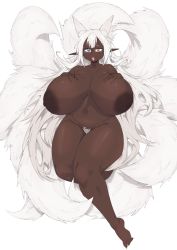 Rule 34 | 1girl, animal ear fluff, animal ears, belly, blue eyes, breasts squeezed together, breasts, curvy, dark-skinned female, dark nipples, dark skin, feet, fox ears, fox girl, fox tail, full body, glasses, gs16 (chug), hands on own chest, heterochromia, highres, huge breasts, jourjii, large areolae, large nipples, legs, long hair, multiple tails, nipples, nude, open mouth, original, pointy ears, pubic hair, red eyes, solo, tail, thick thighs, thighs, very long hair, white background, white hair
