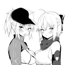 Rule 34 | 2girls, absurdres, ahoge, arm guards, artoria pendragon (fate), bare shoulders, baseball cap, bikini, black bow, blush, bow, breast press, breasts, cleavage, commentary request, danimaru, fate/grand order, fate (series), greyscale, hair between eyes, hair bow, hair ribbon, hat, highres, japanese clothes, kimono, long sleeves, looking at viewer, medium breasts, monochrome, multiple girls, mysterious heroine xx (fate), okita souji (fate), open mouth, ponytail, ribbon, scarf, short hair, shrug (clothing), sideboob, sidelocks, simple background, sleeveless, sleeveless kimono, smile, sweat, swimsuit, symmetrical docking, teeth, translation request, upper body, upper teeth only, white background