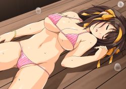 Rule 34 | 1girl, bikini, bracelet, breasts, brown hair, cleavage, close eyes, commentary request, eyes visible through hair, hairband, hand to head, haruhisky, highres, jewelry, large breasts, lying, micro bikini, navel, open mouth, solo, spread legs, string bikini, striped bikini, striped clothes, suzumiya haruhi, suzumiya haruhi no yuuutsu, sweatdrop, swimsuit, table, underboob, waiting, yellow hairband