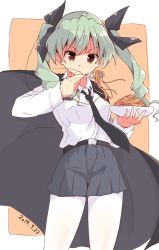Rule 34 | 1girl, anchovy (girls und panzer), anzio school uniform, belt, black belt, black cape, black necktie, black ribbon, black skirt, cape, closed mouth, commentary, dated, dress shirt, drill hair, food, food on face, fork, frown, girls und panzer, green hair, hair ribbon, holding, holding fork, holding plate, long hair, long sleeves, looking at viewer, miniskirt, necktie, orange background, outside border, pantyhose, pasta, plate, pleated skirt, red eyes, ribbon, school uniform, shirt, skirt, solo, spaghetti, standing, tom q (tomtoq), twin drills, twintails, white pantyhose, white shirt, wind