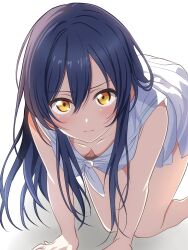Rule 34 | 1girl, all fours, blue hair, blush, borgbutler, breasts, cleavage, closed mouth, downblouse, hair between eyes, highres, long hair, looking at viewer, love live!, love live! school idol project, medium breasts, school uniform, serafuku, shadow, shirt, simple background, skirt, sleeveless, sleeveless shirt, solo, sonoda umi, white background, white serafuku, white skirt, yellow eyes
