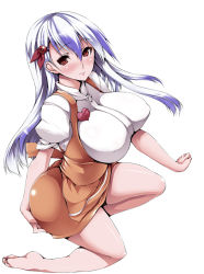 Rule 34 | 1girl, anna miller, barefoot, blue hair, blush, breasts, full body, huge breasts, kamishirasawa keine, looking at viewer, oohira sansetto, oohira sunset, simple background, smile, solo, touhou, waitress, white background