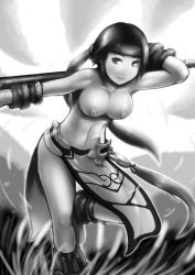 Rule 34 | 1girl, adunba rell, breasts, grass, greyscale, headband, large breasts, long hair, monochrome, namco, nipples, pelvic curtain, polearm, ponytail, seong mi-na, side slit, smile, soul calibur, topless, vambraces, very long hair, weapon