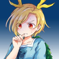 Rule 34 | 1girl, antlers, blonde hair, blue background, blue shirt, commentary request, dragon horns, fingernails, gradient background, hand to own mouth, hand up, horns, kicchou yachie, pote (ptkan), red eyes, sharp fingernails, shirt, short hair, slit pupils, solo, touhou, turtle shell, upper body