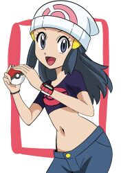 Rule 34 | 1girl, :d, alternate costume, beanie, black hair, bracelet, commentary request, creatures (company), cropped shirt, dawn (pokemon), eyelashes, game freak, grey eyes, hainchu, hair ornament, hairclip, happy, hat, highres, holding, holding poke ball, jewelry, long hair, looking at viewer, midriff, navel, nintendo, open mouth, poke ball, poke ball (basic), poke ball print, pokemon, pokemon (anime), pokemon dppt (anime), poketch, purple shirt, shirt, short sleeves, shorts, sidelocks, smile, solo, tongue, watch, white hat, wristwatch