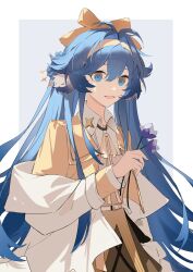 Rule 34 | 1girl, :d, animal ear fluff, arknights, astgenne (arknights), astgenne (her aspiration) (arknights), belt, belt buckle, blue eyes, blue hair, bow, brown skirt, buckle, chinese commentary, collared shirt, commentary request, cowboy shot, dress, flower, hair between eyes, hair bow, hairband, hand up, highres, holding, holding flower, jacket, layered clothes, layered sleeves, long hair, long sleeves, looking at viewer, nailianglujiu767, open clothes, open jacket, open mouth, open vest, shirt, skirt, smile, solo, very long hair, vest, white belt, white jacket, white shirt, yellow bow, yellow dress, yellow hairband, yellow vest