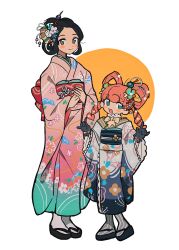 Rule 34 | 2girls, absurdres, ace attorney, alternate costume, black hair, blue eyes, closed mouth, floral print, flower, frilled kimono, frills, full body, gloves, grgrton, hair flower, hair ornament, hair rings, highres, iris wilson, japanese clothes, kimono, long hair, long sleeves, looking at viewer, multiple girls, obi, open mouth, pink hair, sandals, sash, short hair, simple background, smile, standing, susato mikotoba, the great ace attorney, twintails, white background, zouri