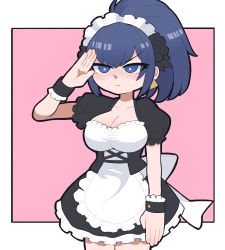 Rule 34 | 1girl, alternate costume, apron, black dress, blue eyes, blue hair, breasts, chibi, cleavage, dress, earrings, frills, jewelry, large breasts, leona heidern, maid, maid apron, maid day, maid headdress, oscar get, outside border, pink background, ponytail, ribbon, salute, snk heroines: tag team frenzy, solo, the king of fighters, triangle earrings