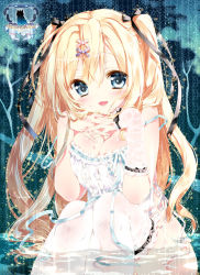 Rule 34 | 1girl, blonde hair, blue eyes, blush, breasts, camisole, cleavage, hair ribbon, interlocked fingers, kamiya maneki, lace, lace-trimmed legwear, lace trim, large breasts, long hair, looking at viewer, original, partially submerged, ribbon, sitting, solo, thighhighs, two side up, water, white thighhighs