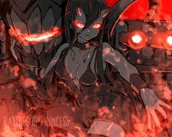 Rule 34 | 1girl, abyssal ship, battleship princess, black hair, breasts, character name, colored skin, commentary request, dress, glowing, glowing eyes, grey skin, hair between eyes, horns, kantai collection, long hair, medium breasts, open mouth, oso (toolate), red eyes, skin-covered horns, sleeveless, sleeveless dress, solo, turret, twitter username