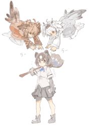 Rule 34 | 10s, 3girls, animal ears, bear ears, bear paw, bear tail, bike shorts, bird tail, bird wings, boots, brown bear (kemono friends), brown hair, clenched hand, coat, collared shirt, commentary request, elbow gloves, eurasian eagle owl (kemono friends), flying, flying sweatdrops, fur collar, gloves, head wings, highres, kemono friends, konabetate, long sleeves, multicolored hair, multiple girls, neck ribbon, northern white-faced owl (kemono friends), outstretched hand, owl ears, pantyhose, paw stick, pleated skirt, pout, ribbon, shirt, short hair, short sleeves, shorts, shorts under skirt, skirt, t-shirt, tail, translation request, weapon, white hair, wings