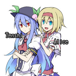 Rule 34 | 2girls, alice margatroid, ascot, blonde hair, blue eyes, blue hair, bow, capelet, character name, crossed arms, dress, food, fruit, hairband, hands on shoulders, hat, hinanawi tenshi, kenii, kenuu (kenny), long hair, multiple girls, open mouth, peach, red eyes, ribbon, short hair, simple background, smile, touhou, white background