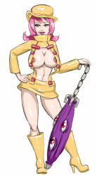 Rule 34 | 1girl, adapted costume, aged up, artist request, boots, breasts, center opening, cleavage, closed umbrella, contrapposto, hand on own hip, hat, high heels, huge breasts, hungern (skullgirls), licking lips, lips, lipstick, makeup, miniskirt, narrow waist, navel, nipple slip, nipples, no bra, pink eyes, pink hair, rubber boots, shiny clothes, shoes, short hair, skirt, skullgirls, solo, standing, suspenders, tongue, tongue out, umbrella, umbrella (skullgirls)