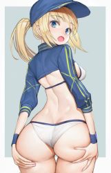 Rule 34 | 1girl, artoria pendragon (fate), ass, ass grab, baseball cap, bikini, blonde hair, blue eyes, blue jacket, blush, breasts, butt crack, commentary request, duplicate, fate/grand order, fate (series), from behind, hands on own ass, hat, highres, huge ass, jacket, looking at viewer, looking back, medium breasts, mysterious heroine x (fate), mysterious heroine xx (fate), nyatabe, open mouth, ponytail, solo, swimsuit, white bikini, wrist cuffs