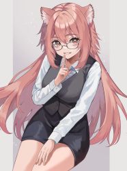 Rule 34 | 1girl, absurdres, alternate costume, animal ear fluff, animal ears, arknights, bespectacled, black-framed eyewear, black skirt, black vest, breasts, brown eyes, collared shirt, commission, glasses, gradient background, gravel (arknights), grey background, highres, index finger raised, large breasts, long hair, long sleeves, looking at viewer, miniskirt, office lady, parted lips, pencil skirt, pink hair, pixiv commission, shirt, sitting, skirt, smile, solo, sora (sora11262), very long hair, vest, white shirt