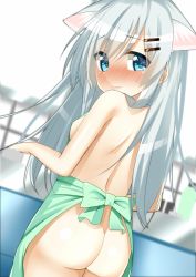 Rule 34 | 1girl, animal ears, apron, aqua eyes, ass, back, bad id, bad pixiv id, bare shoulders, blurry, blush, breasts, cacao (cacao0809), cat ears, depth of field, eyebrows, eyes visible through hair, flat ass, full-face blush, green hair, hair ornament, hairclip, highres, long hair, looking at viewer, looking back, naked apron, original, sideboob, small breasts, solo
