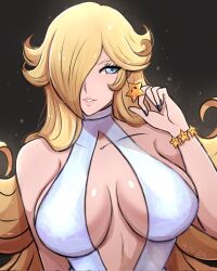 Rule 34 | 1girl, alternate costume, bare shoulders, black nails, blonde hair, blue eyes, breasts, dress, earrings, hair over one eye, highres, jewelry, large breasts, long hair, looking at viewer, mario (series), nintendo, omiza somi, parted lips, rosalina, sideboob, sleeveless, sleeveless dress, solo, star (symbol), star earrings, super mario galaxy, super star (mario), upper body, white dress
