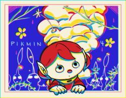 Rule 34 | 1girl, :o, black eyes, blue background, blue pikmin, border, buttons, commentary request, copyright name, eyelashes, flower, gloves, holding hands, ice pikmin, jumpsuit, leaf, looking at viewer, nintendo, no headwear, parted lips, pikmin (creature), pikmin (series), pikmin 4, plant, pointy ears, purple pikmin, radio antenna, rain, red hair, red jumpsuit, rescue officer (pikmin), short hair, smoke, solid circle eyes, spacesuit, triangle mouth, upper body, usuba (hatomugip), very short hair, vines, white border, white gloves, white pikmin, winged pikmin, yellow flower