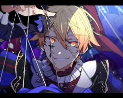 Rule 34 | 1boy, absurdres, blonde hair, facial mark, hat, highres, hoshi-toge, jester cap, jewelry, long sleeves, looking at viewer, multicolored shirt, project sekai, puppet rings, puppet strings, ring, short hair, solo, ten no hate no phoenix e (project sekai), tenma tsukasa, two-tone headwear, upper body, yellow eyes