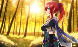 Rule 34 | 1girl, belt, blue eyes, blurry, blurry background, day, earrings, elbow gloves, forest, gloves, gradient hair, highres, jewelry, long hair, minuma h, multicolored hair, nature, outdoors, pixiv fantasia, pixiv fantasia scepter of zeraldia, pointy ears, ponytail, profile, red hair, sidelocks, solo, standing, sunlight