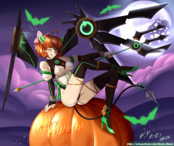 Rule 34 | 1girl, ahoge, android, bare shoulders, blush, breasts, green eyes, hair ribbon, halloween, high heels, highres, horns, looking at viewer, medium breasts, moon, one eye closed, orange hair, penny polendina, ribbon, rwby, sitting, smile, solo, tail, thighhighs, tongue, tongue out, vilde loh hocen, wink