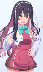 Rule 34 | 1girl, aqua bow, aqua bowtie, black hair, blazer, bow, bowtie, brown eyes, colored inner hair, commentary request, cowboy shot, dress, gradient background, halter dress, halterneck, hand on own hip, highres, jacket, kantai collection, long hair, multicolored hair, naganami (kancolle), naganami kai ni (kancolle), one eye closed, open mouth, pink hair, red dress, smile, solo, thumbs up, tsukimoto reiji, two-tone hair, white background, white jacket