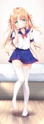 Rule 34 | 1girl, amanagi seiji, bed, blue sailor collar, blue skirt, blush, bow, breasts, closed mouth, collarbone, commentary request, double bun, green eyes, hair bun, hand up, head tilt, highres, long hair, looking at viewer, no shoes, original, parted bangs, pleated skirt, red bow, sailor collar, school uniform, serafuku, shirt, short sleeves, signature, skirt, small breasts, smile, solo, standing, standing on one leg, thighhighs, very long hair, white shirt, white thighhighs, wooden floor
